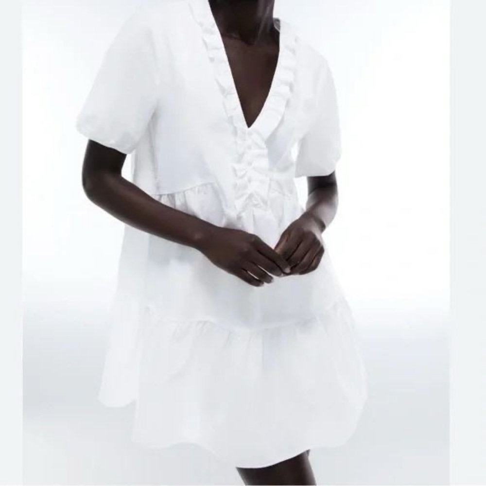 Zara Cotton Poplin Ruffled V-Neck Tiered Mini Dress
